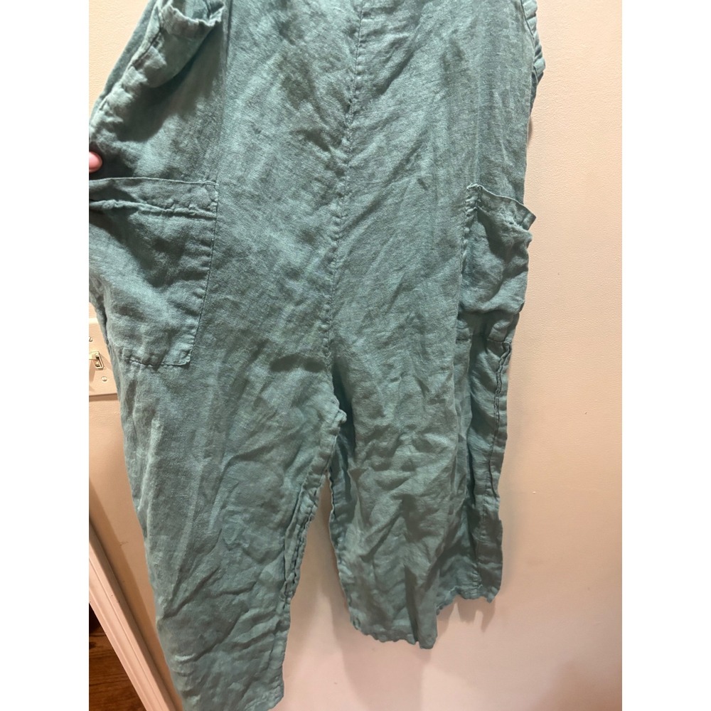 Meo Meli Italy Linen Overalls Jumpsuit Seafoam Green Wide Leg One Size Lagenlook - Picture 2 of 9